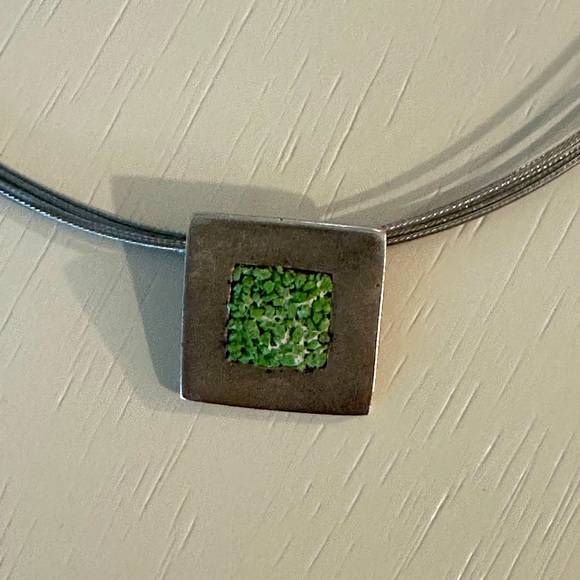 Sterling Silver Pendant Necklace with Turquoise Chip Inlay - Picture 2 of 5